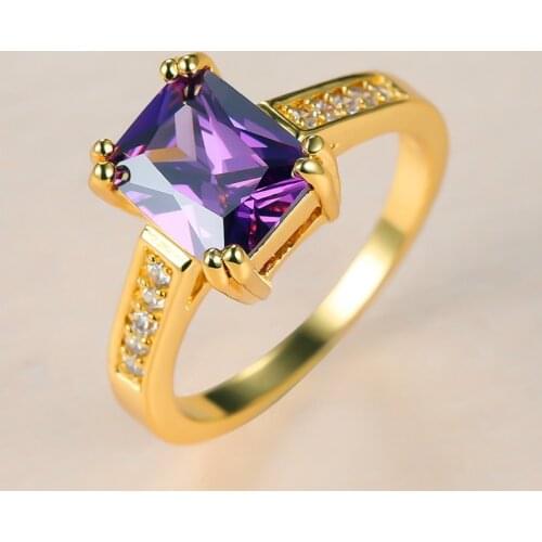 Female Charm Purple Crystal Stone Ring Vintage Gold Color Big Wedding Rings For Women Luxury Square Zircon Stone Engagement Ring