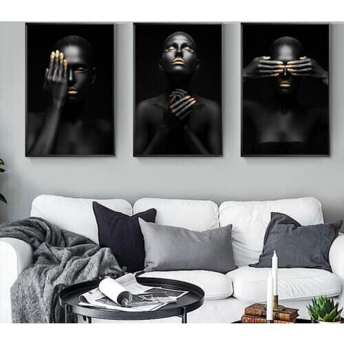 ZYGALLOP Black Gold Woman Portrait Canvas Painting Picture Posters And Prints Scandinavian Wall Art Living Room Home Decoration