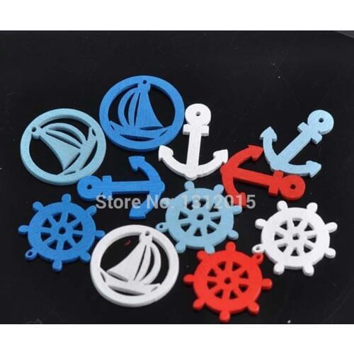 50pcs Mixed Wood Nautical Wood Buttons with 1 Hole Anchor and Rudder Handmade Craft for Home Decoration 24x25mm 0119-11