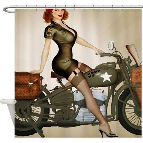 Pin Up Girl On Army Motorcycle Decorative Fabric Shower Curtain