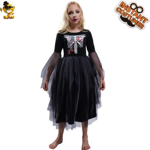Child Girls Skeleton Costumes Role Play Black Bones Skeleton Dress Clothes for Kids Halloween Costumes