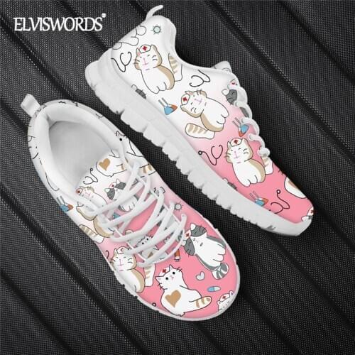 ELVISWORDS Brand Design Gradient Nursing Cat Print Womens Air Mesh Sneaker Breathable Casual Flat Shoes Teen Girls Outdoor Shoe