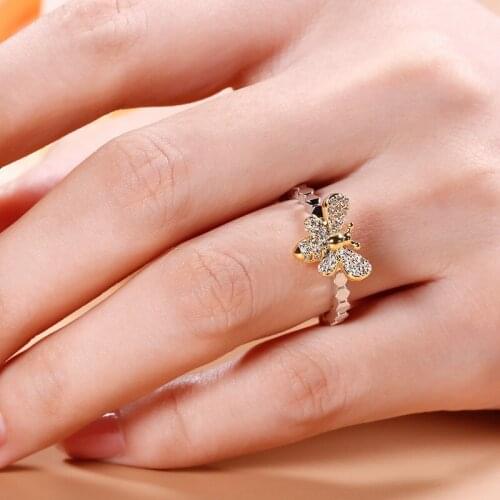 GorGor Rings Women Copper Material Pattern Honeybee Mosaic Zircon Gold Plated Smart Creative Exquisite Jewelry R10103850550