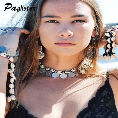 Hot Sale Bohemian Vintage Ethnic Carved Coins choker necklace vintage velvet rope natural shell choker boho jewelry for wome