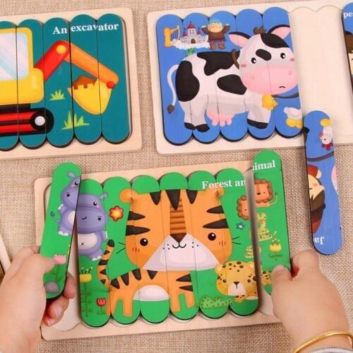 Intelligence Kids Toy Wooden 3D Puzzle Jigsaw Tangram for Children Baby Cartoon Animal/Traffic Puzzles Educational Learning Toys