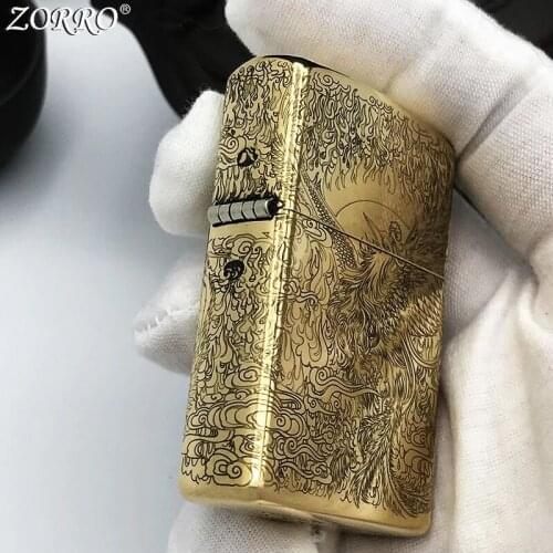 Zorro Kerosene Lighter Pure Copper Brass Fine Carving Classic Pattern Gasoline Lighter Men Gift Outside Tool