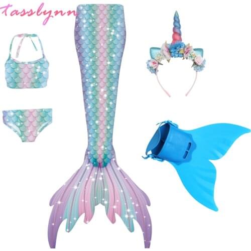 2021 Rainbow Girls Swimming Mermaid Tail Costume Cosplay Kids Swimsuit Fantasy Beach Bikini Can Add Monofin Fin Princess Dress