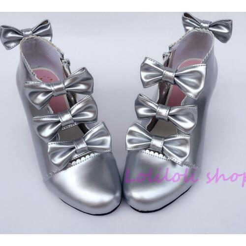 Princess sweet lolita shoes Japanese design customized special shaped silver bow tie chunky heel shoes sandals an6642