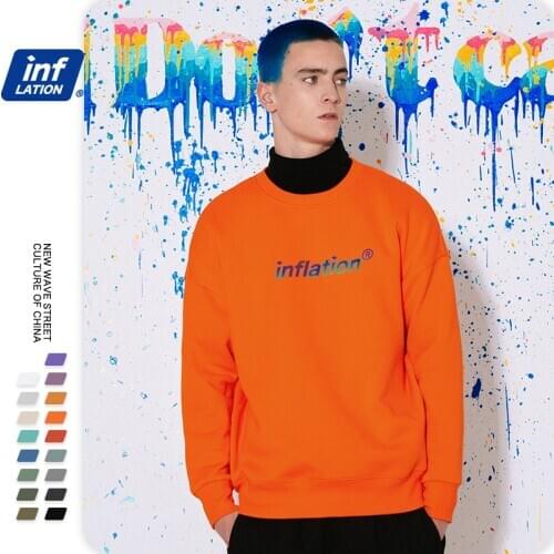 INFLATION Laser Reflective Logo Cool Oversized O-neck Sweatshirt Men Winter Thick Fleece Lined Sweatshirt Pullovers Women