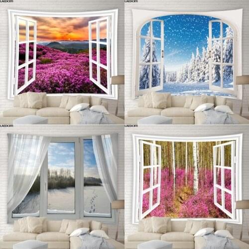 Natural Landscape Tapestry Window View Mount Fuji Pastoral Flowers Forest Scenery Wall Hanging Living Room Bedroom Home Decor