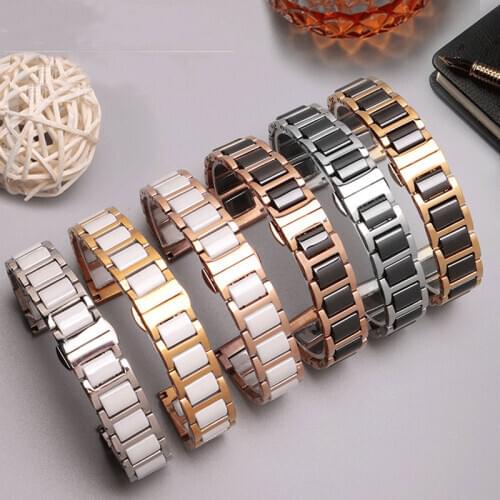 316L Stainless steel + Ceramics watch band 14mm 16mm 18mm 20mm 22mm Strap For womens watch accessories