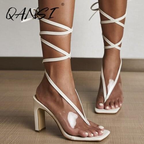 Summer White Cross-tied Womens Flip Flops Sandals Sexy Transparent Thick Heels Sandals for Girl Nightclub Square Toe Sandals