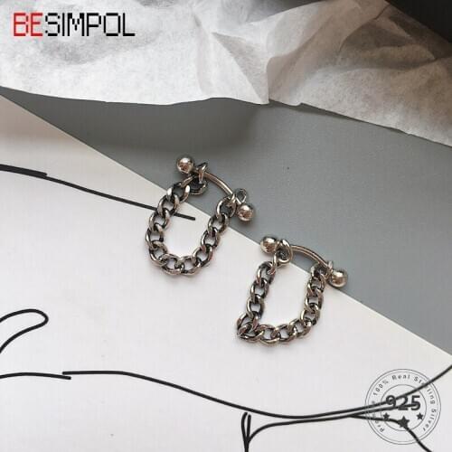 Besimpol Two Ways to Wear 925 Sterling Silver Stud Earrings Vintage Anti Allergy Chain Earrings For Women Fashion Fine Jewelry