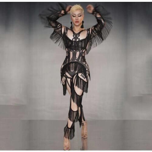 Pole Dance Clothing Modern Model Catwalk Sexy Fringe Bodysuit Nightclub Female Singer Gogo Dancer Stage Wear Rave Outfit DQL4073