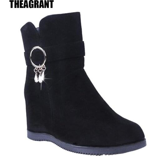 THEAGARNT 2021 Crystal Wedges Shoes Woman Short Plush WInter Women Boots High Heels Ladies Pumps Flock Fashion Boots WBS2110