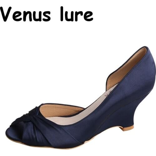 Mother of the Bride Navy Shoes Peep Toe Wedge Dress Shoes Heels for Women