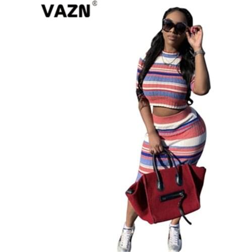 VAZN 2021 Striped Print Special Sexy O-neck Two Piece Set Short Sleeve Top And Short Pant 2 Piece Set Women Autumn Suit