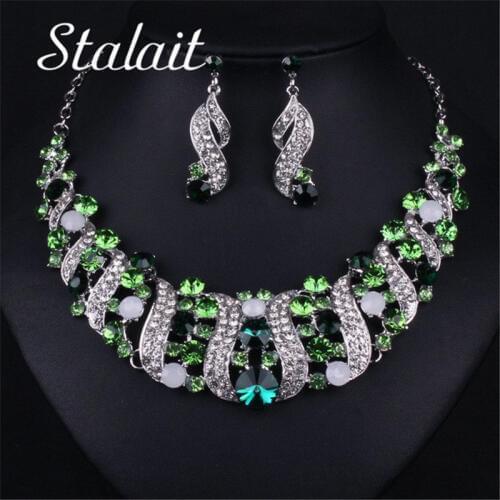 Vintage Geometric Silver Color Choker Women Jewelry Sets Necklace Earrings Wedding Set Bridal Green Rhinestone Turkish Jewelry