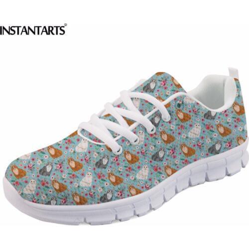 INSTANTARTS Women Floral Sneakers Casual Lace-up Flats Cute Maine Coon Cat / Exotic Short Hair Cats Pattern Flat Shoes for Lady