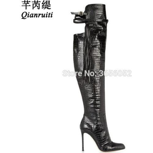 Qianruiti Alligator Embossed Leather Black Thigh High Booties Pointed Toe Stiletto High Heels Fringed Over The Knee Boots Women