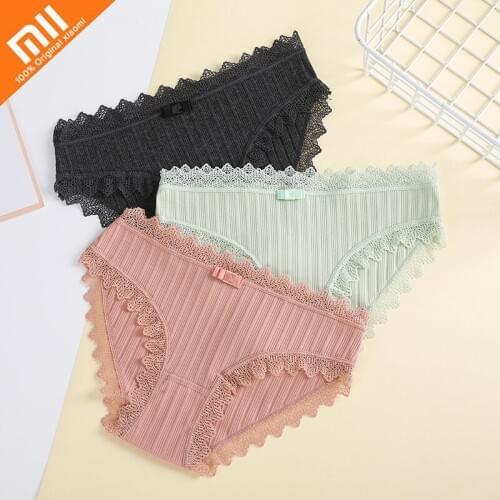 Xiaomi Women Low Waist Lace Underwear Breathable Solid Color Panties Comfortable Elastic Close-fitting Threaded Cotton Panties