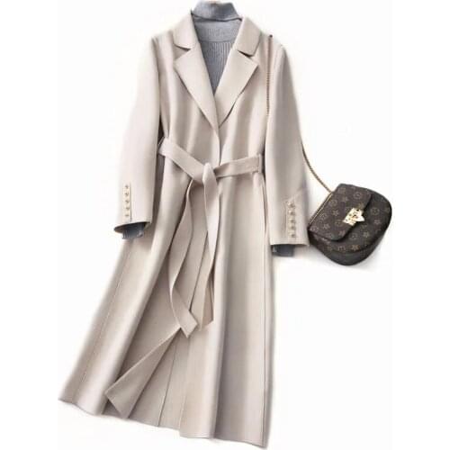 Wool Coat Women Long Sleeve Warm Windbreaker 2021 Autumn Winter The New Fashion Long Jacket Cashmere Belt Female Outerwear