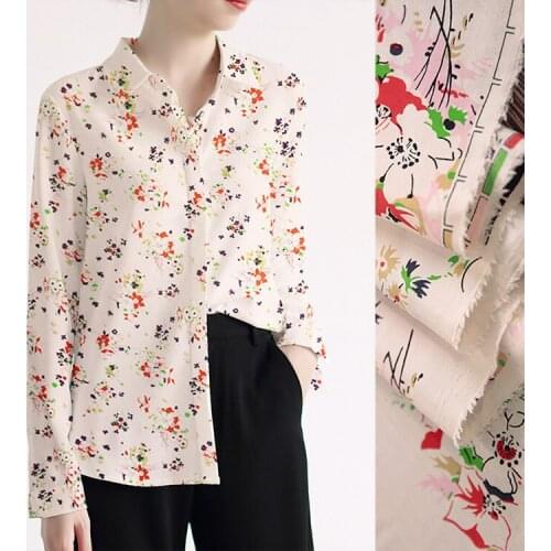 1 Meter 16 Mummi, Printed Stretch Crepe De Chine Milky White Background Floral, Wide Shirt Fabric, Mulberry Silk