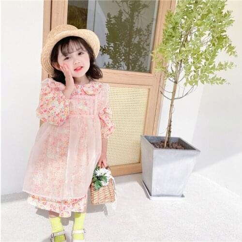 2021 Spring Girls Princess Dress Childrens Floral Dress New Style Baby Girl Clothes Kids Short Sleeve Mesh Patchwork Dress 2-7Y