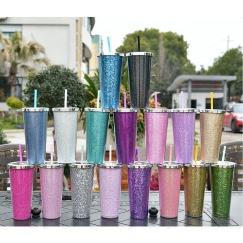 24OZ 700ML electroplating lid double wall giltter tumbler reusable skinny plastic tumbler with straw water cup