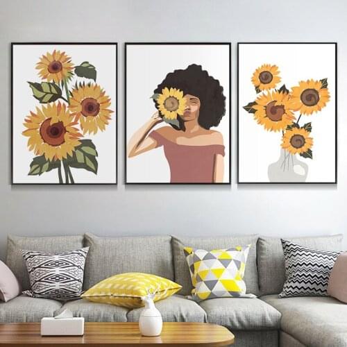 Boho Style African Woman Poster Abstract Botanical Sunflower Canvas Painting Print Wall Art Picture Kitchen Bedroom Home Decor