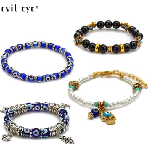 EVIL EYE Blue Turkish Evil Eye Beads Bracelet Tassel Alloy Fatima Hand Charm Bracelet Adjustable Fashion Jewelry for Women Men