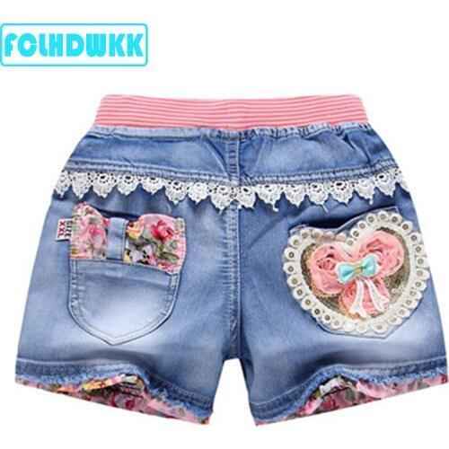 FCLHDWKK Girls Denim Shorts 2-12Y Girl Summer Flower Pattern Pants Kids Clothes Children Flowers Embroidery Jean Short For KIDS