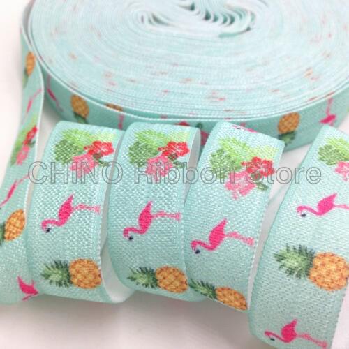 10 yards 5/8" Pink Flamingo Hibiscus Pineapple Print Fold Over Elastic FOE Ribbon Clothing Accessories DIY Headwear Elastic Band