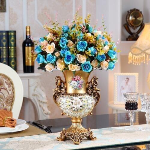 European Luxury Diamond Resin Vase+Artificial Flower Set Decor Home Livingroom Furnishing Decoration Crafts Hotel Figurines Art