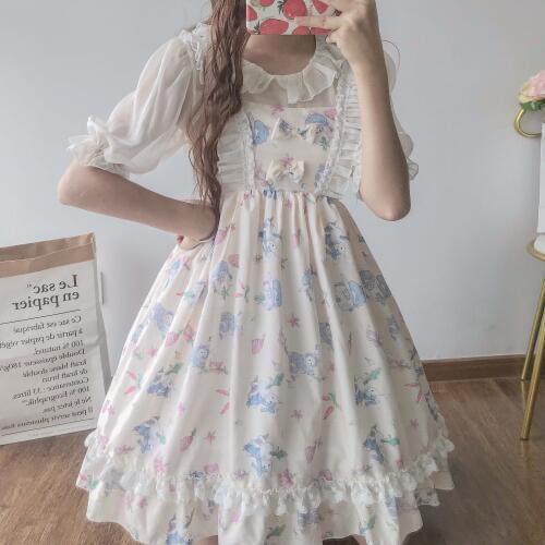 Kawaii Japanese Lolita dress Soft Sister Dress Cute Bunny Print Lolita Girl Sling Dress