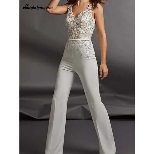 Jumpsuits Wedding Dresses V Neck Floor Length Sleeveless Country Plus Size with Sashes / Ribbons Appliques 2020