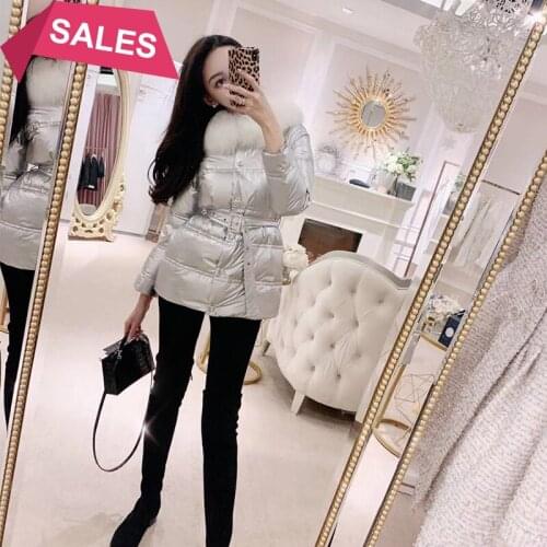 Silver bright white duck down jacket womens fox hair big hair collar waist length casual coat