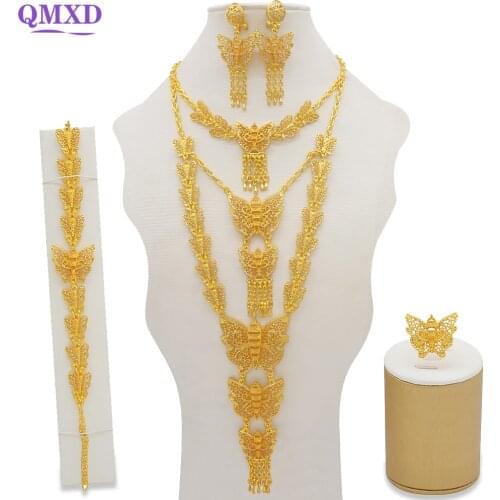 Big Jewellery Set Gold Dubai Wedding Bridal Accessory Women Long Necklace Bracelet Earrings Ring