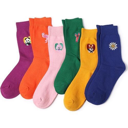 2018 new funny cute flamingo Teddy Cage flower lobster panda pattern vintage embroidery woman girl cotton loose crew sockssokken