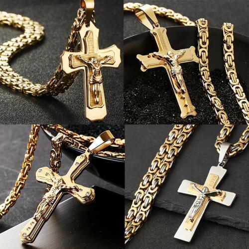 Men Stainless Steel Jesus Christ Heavy Crucifix Cross Pendant Necklace Holy Byzantine Chain Necklaces Religous Jewelry Gifts