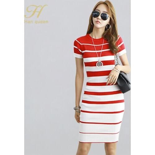 H Han Queen New Autumn Women Vintage Stripe Knitted Dresses Office Bodycon Pencil Sheath Dress Elegant Simple Bottoming Vestidos