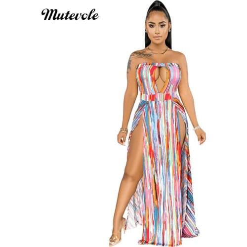 Mutevole Women Casual Summer Striped Print Long Maxi Dress Open Front Strapless Bandage Dress Sexy Backless High Split Dress