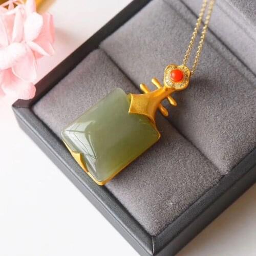 Natural Hetian Jade S925 Sterling Silver Gray Jade Pendant Pipa Pendant South Red Embellished Simple Fashion All-Match Pendant f