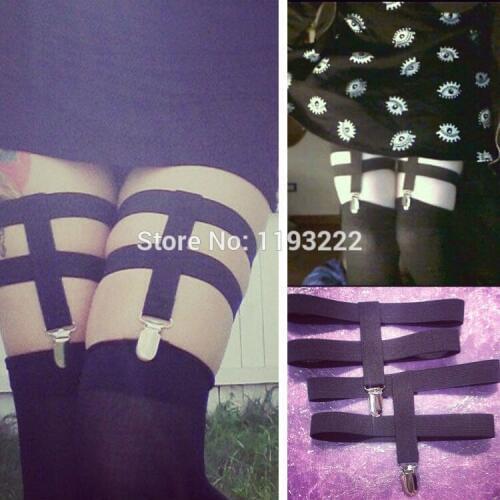 Sexy Handmae Black Elastic Sock Garters, Double Row Metal Clip Thigh High Leg Garter Belts Rings