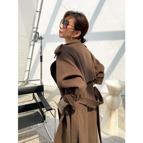 Warm temperament long double-sided cashmere womens coat 2021 winter new double row button lace up wool coat