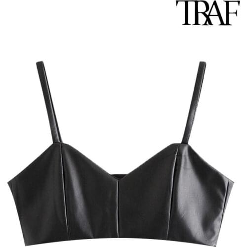TRAF Women Sexy Fashion Faux Leather Cropped Tank Top Vintage V Neck Side Zipper Wide Straps Female Camis Chic Tops