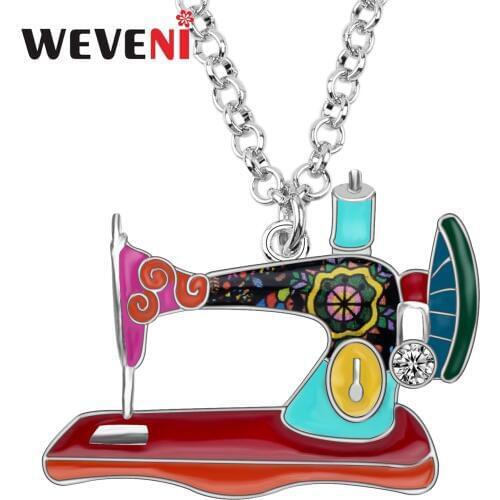 WEVENI Enamel Alloy Rhinestone Sewing Machine Necklace Pendant Choker Tools Clothes Decoration Jewelry For Women Girls Gift New