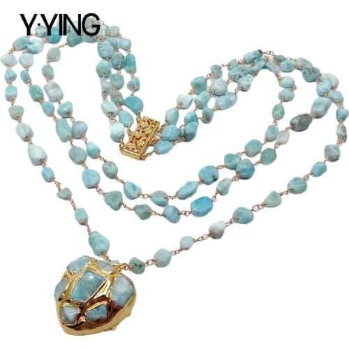 Y·YING 3 Strands Natural Blue Larimar Rosary Chain Necklace Heart-Shaped Larimar Pendant statement necklace for women 18