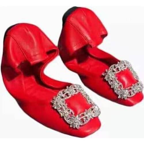 Cone Shoes Female Top Sheep Skin Comfortable Flat Rubber Sole Square Toe with Artificial Diamonds Buckle Decoration Classical