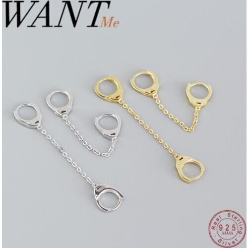 WANTME Punk Geometric Handcuffs Link Chain Charm Stud Earrings for Women Genuine 925 Sterling Silver Unisex Rock Jewelry Gift